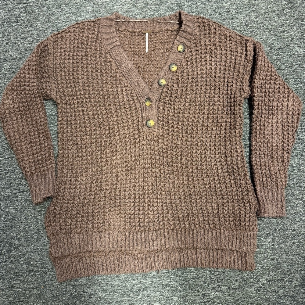 FREE PEOPLE LADIES BROWN WHISTLE THERMAL HENELY JUMPER Sweater SIZE XS - Picture 3 of 8